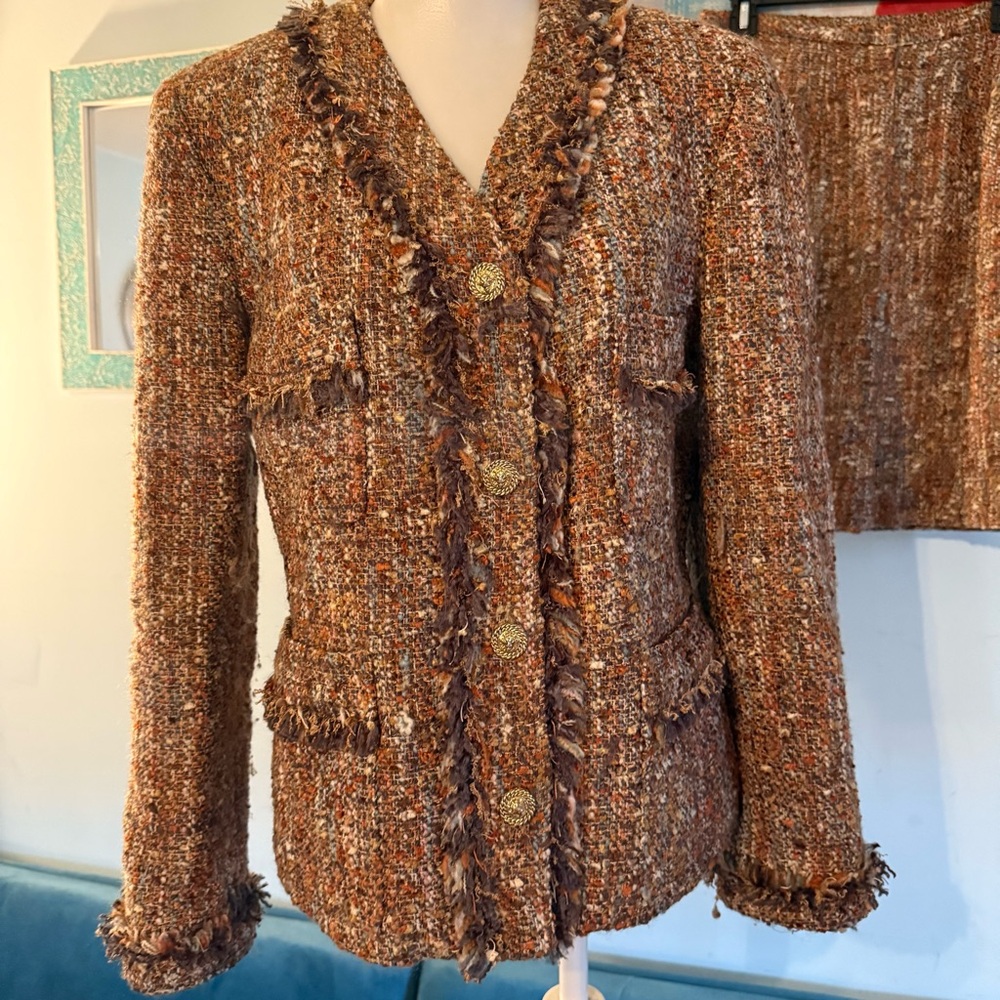 saks fifth avenue Folio Suit jacket Skirt Set tweed Size 8 (blazer 10) Wool USA - Picture 2 of 11